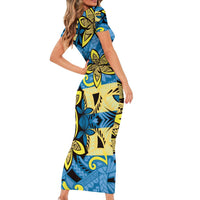 Plumeria Polynesian Pattern Short Sleeve Bodycon Dress Unique Fantasy Blue Yellow