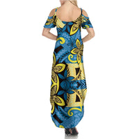 Plumeria Polynesian Pattern Summer Maxi Dress Unique Fantasy Blue Yellow