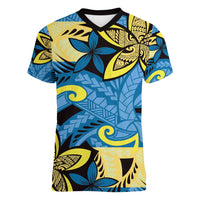 Plumeria Polynesian Pattern Women V-Neck T-Shirt Unique Fantasy Blue Yellow LT01 Female Blue - Polynesian Pride