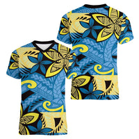 Plumeria Polynesian Pattern Women V-Neck T-Shirt Unique Fantasy Blue Yellow LT01 - Polynesian Pride