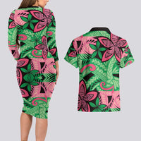 Plumeria Polynesian Pattern Couples Matching Long Sleeve Bodycon Dress and Hawaiian Shirt Unique Fantasy Green Pink