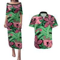 Plumeria Polynesian Pattern Couples Matching Puletasi and Hawaiian Shirt Unique Fantasy Green Pink