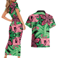 Plumeria Polynesian Pattern Couples Matching Short Sleeve Bodycon Dress and Hawaiian Shirt Unique Fantasy Green Pink