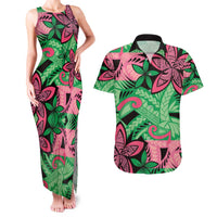 Plumeria Polynesian Pattern Couples Matching Tank Maxi Dress and Hawaiian Shirt Unique Fantasy Green Pink