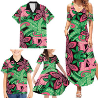 Plumeria Polynesian Pattern Family Matching Summer Maxi Dress and Hawaiian Shirt Unique Fantasy Green Pink