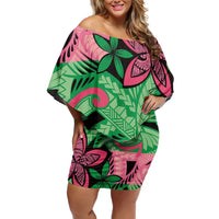 Plumeria Polynesian Pattern Off Shoulder Short Dress Unique Fantasy Green Pink