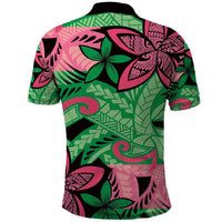 Plumeria Polynesian Pattern Polo Shirt Unique Fantasy Green Pink LT01 - Polynesian Pride