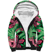 Plumeria Polynesian Pattern Sherpa Hoodie Unique Fantasy Green Pink