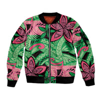 Plumeria Polynesian Pattern Sleeve Zip Bomber Jacket Unique Fantasy Green Pink