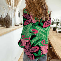 Plumeria Polynesian Pattern Women Casual Shirt Unique Fantasy Green Pink