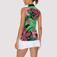 Plumeria Polynesian Pattern Women Sleeveless Polo Shirt Unique Fantasy Green Pink LT01 - Polynesian Pride