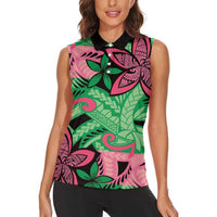 Plumeria Polynesian Pattern Women Sleeveless Polo Shirt Unique Fantasy Green Pink LT01 - Polynesian Pride