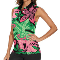 Plumeria Polynesian Pattern Women Sleeveless Polo Shirt Unique Fantasy Green Pink LT01 - Polynesian Pride