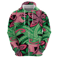 Plumeria Polynesian Pattern Zip Hoodie Unique Fantasy Green Pink
