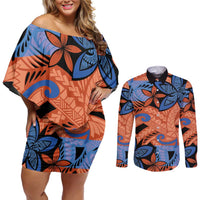 Plumeria Polynesian Pattern Couples Matching Off Shoulder Short Dress and Long Sleeve Button Shirt Unique Fantasy Orange Blue