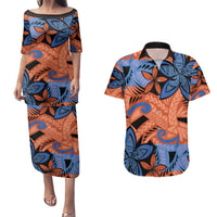 Plumeria Polynesian Pattern Couples Matching Puletasi and Hawaiian Shirt Unique Fantasy Orange Blue