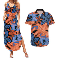 Plumeria Polynesian Pattern Couples Matching Summer Maxi Dress and Hawaiian Shirt Unique Fantasy Orange Blue