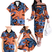 Plumeria Polynesian Pattern Family Matching Off The Shoulder Long Sleeve Dress and Hawaiian Shirt Unique Fantasy Orange Blue