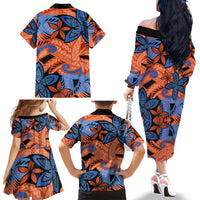 Plumeria Polynesian Pattern Family Matching Off The Shoulder Long Sleeve Dress and Hawaiian Shirt Unique Fantasy Orange Blue