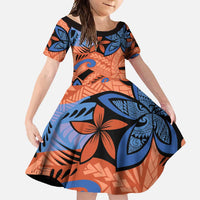 Plumeria Polynesian Pattern Family Matching Short Sleeve Bodycon Dress and Hawaiian Shirt Unique Fantasy Orange Blue