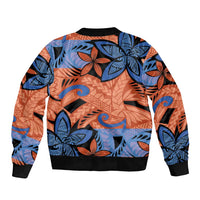 Plumeria Polynesian Pattern Sleeve Zip Bomber Jacket Unique Fantasy Orange Blue
