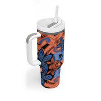 Plumeria Polynesian Pattern Tumbler With Handle Unique Fantasy Orange Blue