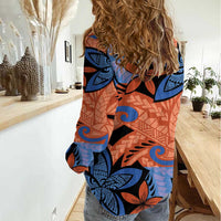 Plumeria Polynesian Pattern Women Casual Shirt Unique Fantasy Orange Blue