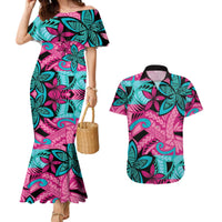 Plumeria Polynesian Pattern Couples Matching Mermaid Dress and Hawaiian Shirt Unique Fantasy Pink Teal