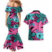 Plumeria Polynesian Pattern Couples Matching Mermaid Dress and Hawaiian Shirt Unique Fantasy Pink Teal