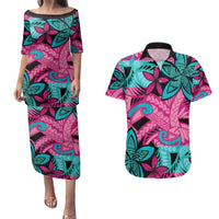 Plumeria Polynesian Pattern Couples Matching Puletasi and Hawaiian Shirt Unique Fantasy Pink Teal