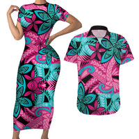 Plumeria Polynesian Pattern Couples Matching Short Sleeve Bodycon Dress and Hawaiian Shirt Unique Fantasy Pink Teal