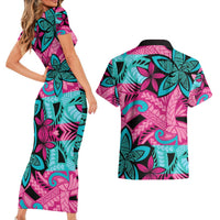 Plumeria Polynesian Pattern Couples Matching Short Sleeve Bodycon Dress and Hawaiian Shirt Unique Fantasy Pink Teal