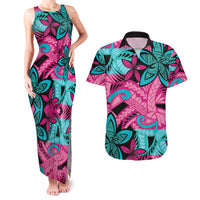 Plumeria Polynesian Pattern Couples Matching Tank Maxi Dress and Hawaiian Shirt Unique Fantasy Pink Teal
