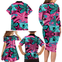 Plumeria Polynesian Pattern Family Matching Long Sleeve Bodycon Dress and Hawaiian Shirt Unique Fantasy Pink Teal