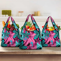 Plumeria Polynesian Pattern Grocery Bag Unique Fantasy Pink Teal LT01 3-pack One Size Pink - Polynesian Pride