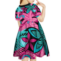 Plumeria Polynesian Pattern Kid Short Sleeve Dress Unique Fantasy Pink Teal LT01 - Polynesian Pride