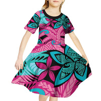 Plumeria Polynesian Pattern Kid Short Sleeve Dress Unique Fantasy Pink Teal LT01 - Polynesian Pride