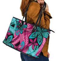 Plumeria Polynesian Pattern Leather Tote Bag Unique Fantasy Pink Teal