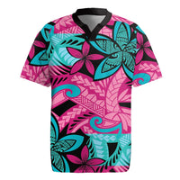 Plumeria Polynesian Pattern Rugby Jersey Unique Fantasy Pink Teal