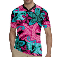 Plumeria Polynesian Pattern Rugby Jersey Unique Fantasy Pink Teal
