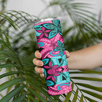 Plumeria Polynesian Pattern Skinny Tumbler Unique Fantasy Pink Teal