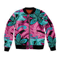 Plumeria Polynesian Pattern Sleeve Zip Bomber Jacket Unique Fantasy Pink Teal