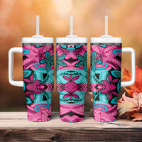 Plumeria Polynesian Pattern Tumbler With Handle Unique Fantasy Pink Teal