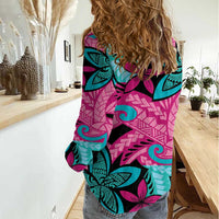 Plumeria Polynesian Pattern Women Casual Shirt Unique Fantasy Pink Teal