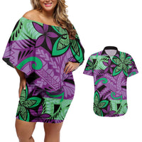 Plumeria Polynesian Pattern Couples Matching Off Shoulder Short Dress and Hawaiian Shirt Unique Fantasy Purple Green