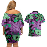 Plumeria Polynesian Pattern Couples Matching Off Shoulder Short Dress and Hawaiian Shirt Unique Fantasy Purple Green
