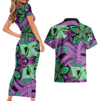 Plumeria Polynesian Pattern Couples Matching Short Sleeve Bodycon Dress and Hawaiian Shirt Unique Fantasy Purple Green