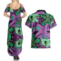 Plumeria Polynesian Pattern Couples Matching Summer Maxi Dress and Hawaiian Shirt Unique Fantasy Purple Green