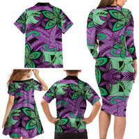 Plumeria Polynesian Pattern Family Matching Long Sleeve Bodycon Dress and Hawaiian Shirt Unique Fantasy Purple Green