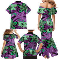 Plumeria Polynesian Pattern Family Matching Mermaid Dress and Hawaiian Shirt Unique Fantasy Purple Green